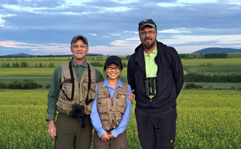 L-R: Craig Brelsford, Elaine Du, and Jan-Erik Nilsén, on the S301 between Genhe and Labudalin, Hulunbeier, Inner Mongolia, China, 19 July 2015. Eight days earlier, on 11 July, the trio discovered breeding Great Grey Owl near Wuerqihan.