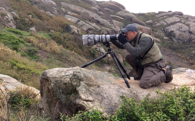 Craig Brelsford photographing Brown-flanked Bush Warbler, Lesser Yangshan Island, Zhejiang, China, 9 April 2015. Photo by Elaine Du.