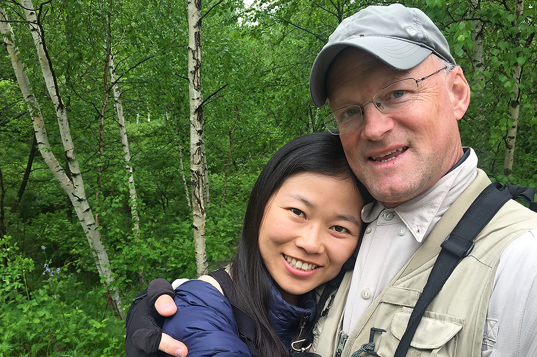 The husband-and-wife birding team of Elaine Du (L) and Craig Brelsford, Xidaquan National Forest, Boli, Heilongjiang, 10 June 2016.