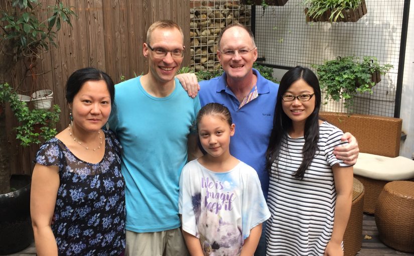 Daniel Bengtsson and Craig Brelsford meet with their families. L-R: Daniel's wife Zhao Qing, Daniel Bengtsson, daughter Linnea, Craig Brelsford, and Craig's wife, Elaine Du. Shanghai, 2 July 2017.