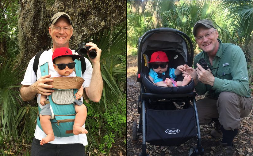 Craig Brelsford birding with his son, Craig "Tiny" Brelsford. L: Lake Woodruff National Wildlife Refuge, Volusia County, Florida, 25 Feb. 2018. R: Gemini Springs Park, Debary, Florida, 22 Feb. 2018. (Elaine Du)