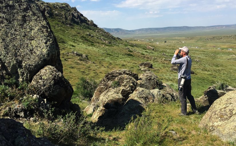 Jan-Erik Nilsén scans the rocks for Northern Wheatear near Kanasi Airport near the northern tip of Xinjiang, 28 July 2017. (Craig Brelsford)